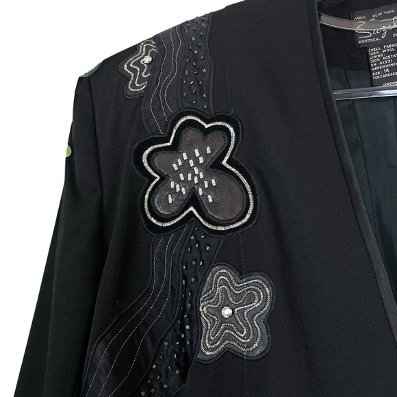 Vtg Suzelle Wool Leather Beaded Floral Embroidered Evening Jacket Black Size 14 - Picture 6 of 11